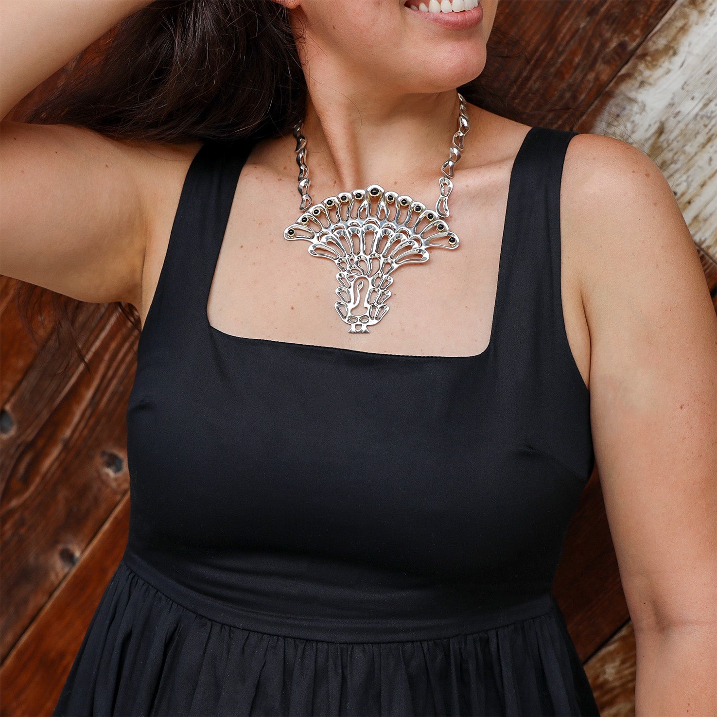 Vintage Sterling Silver Peacock Necklace with Onix Stones