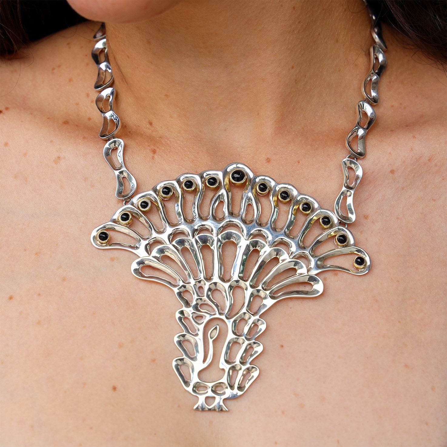 Vintage Sterling Silver Peacock Necklace with Onix Stones