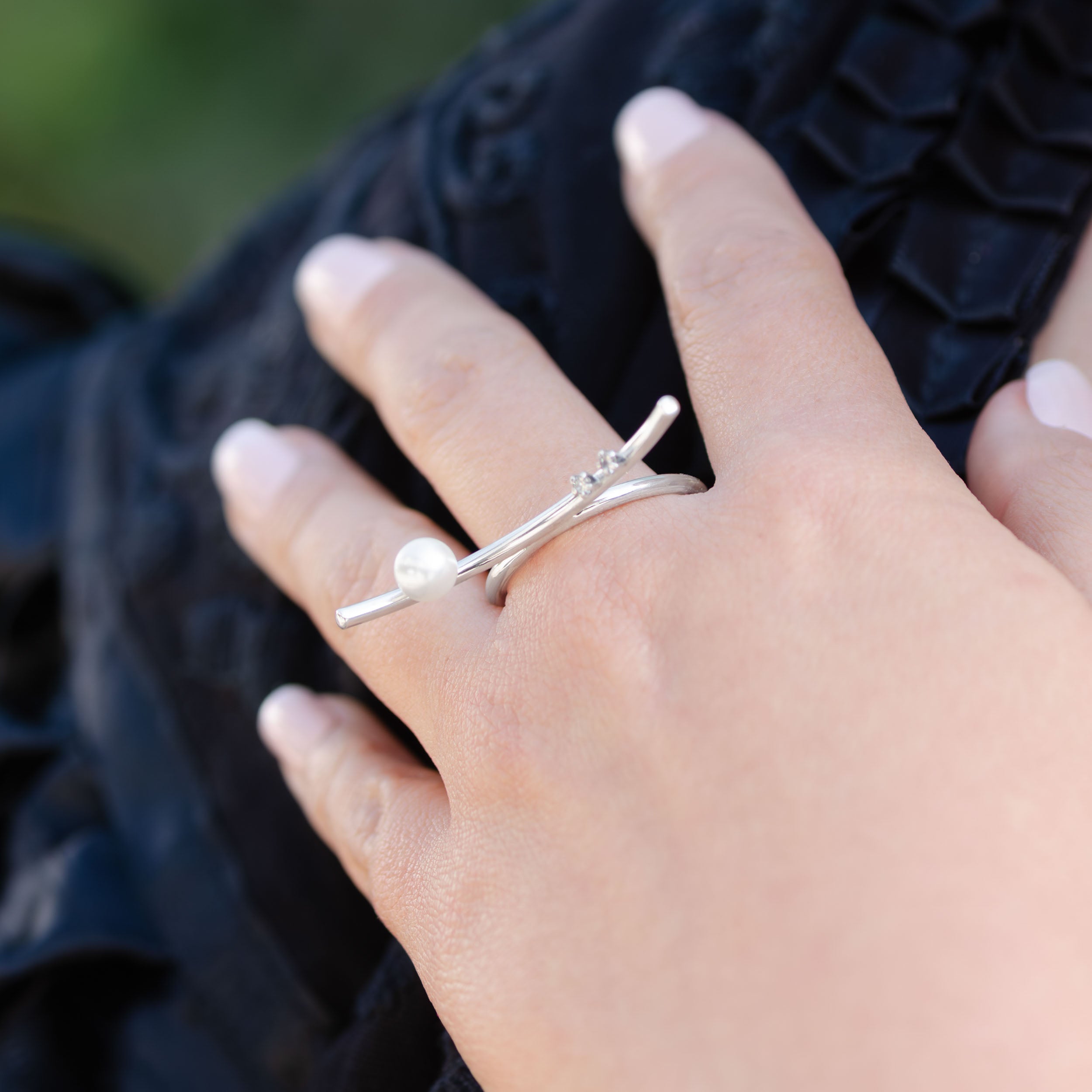 Sterling Silver Curved Ring with Faux Pearl