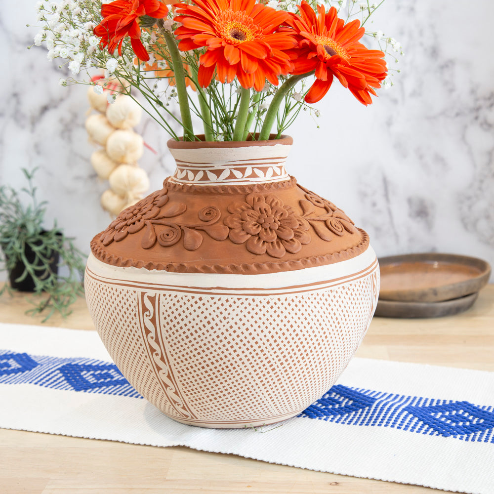 Patamban Large Round Vase with Sculpted Flowers