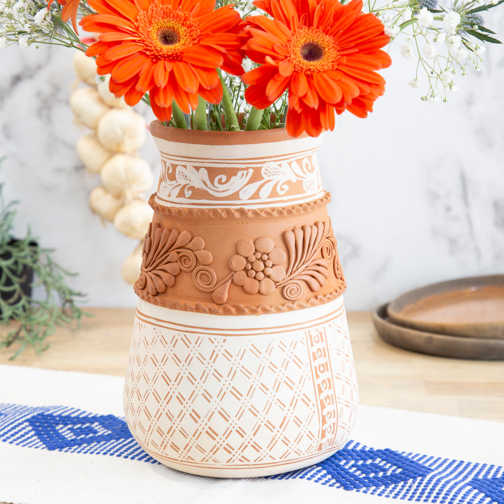Patamban Tall Vase with Sculpted Flowers