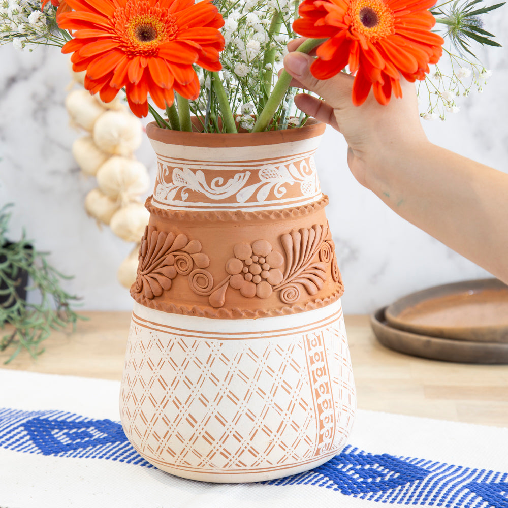 Patamban Tall Vase with Sculpted Flowers