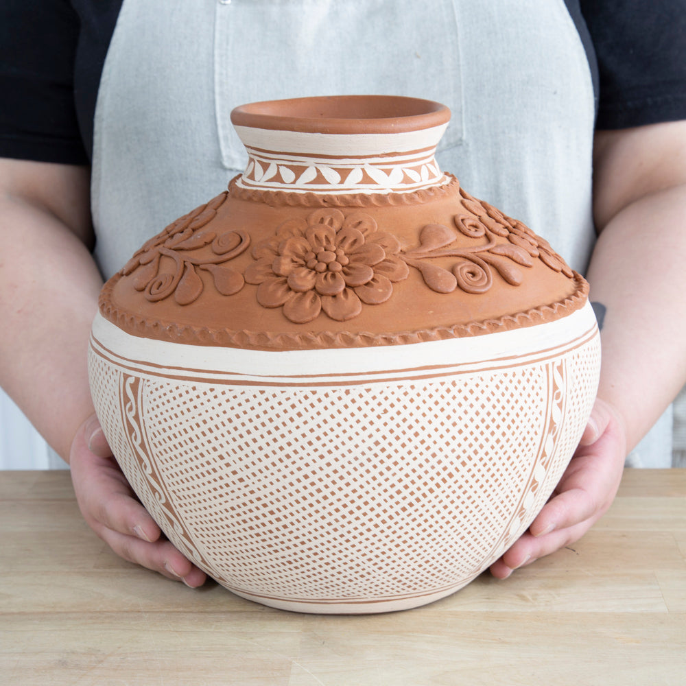 Patamban Large Round Vase with Sculpted Flowers