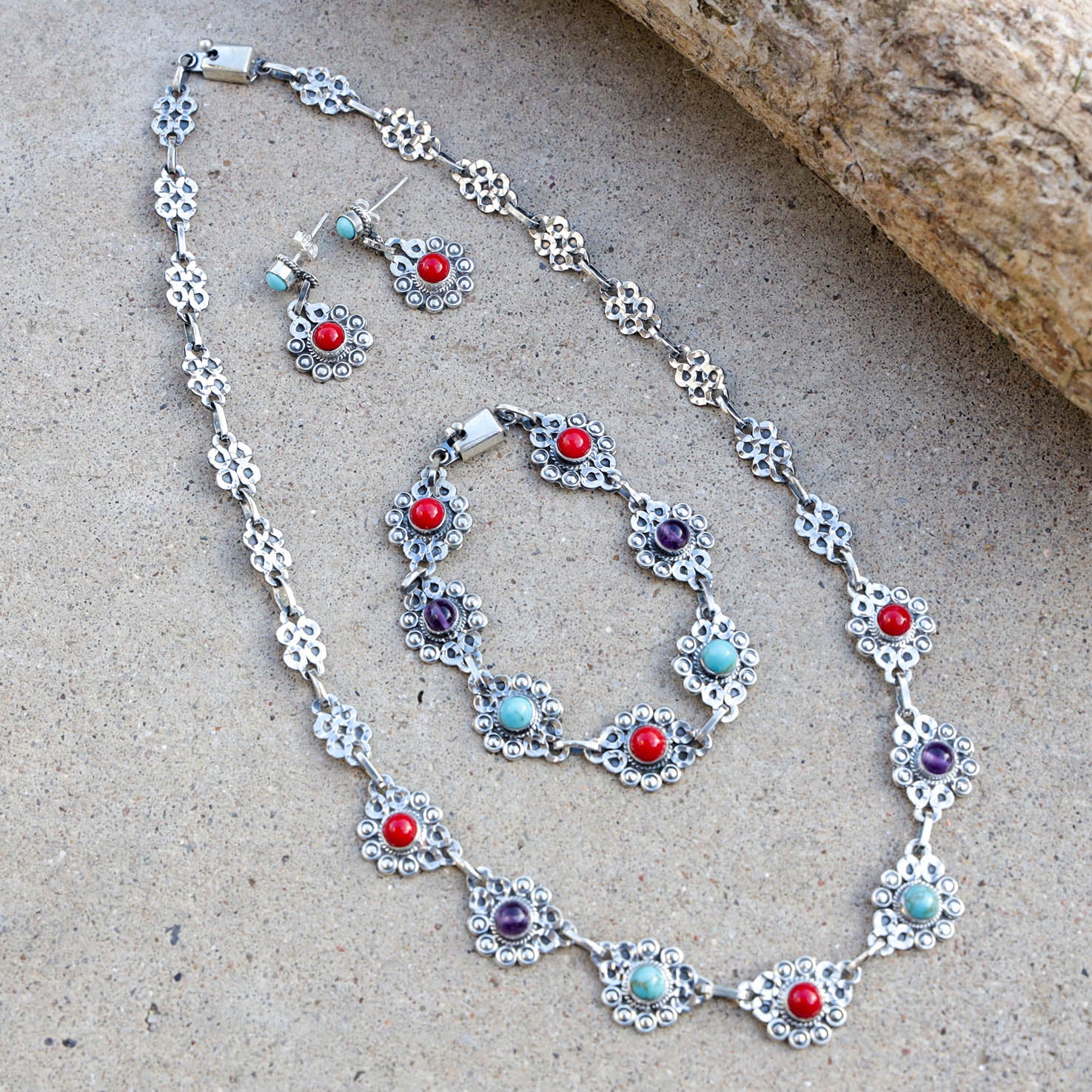 Sterling Silver Multicolor Barroco Necklace, Earrings, and Bracelet Set