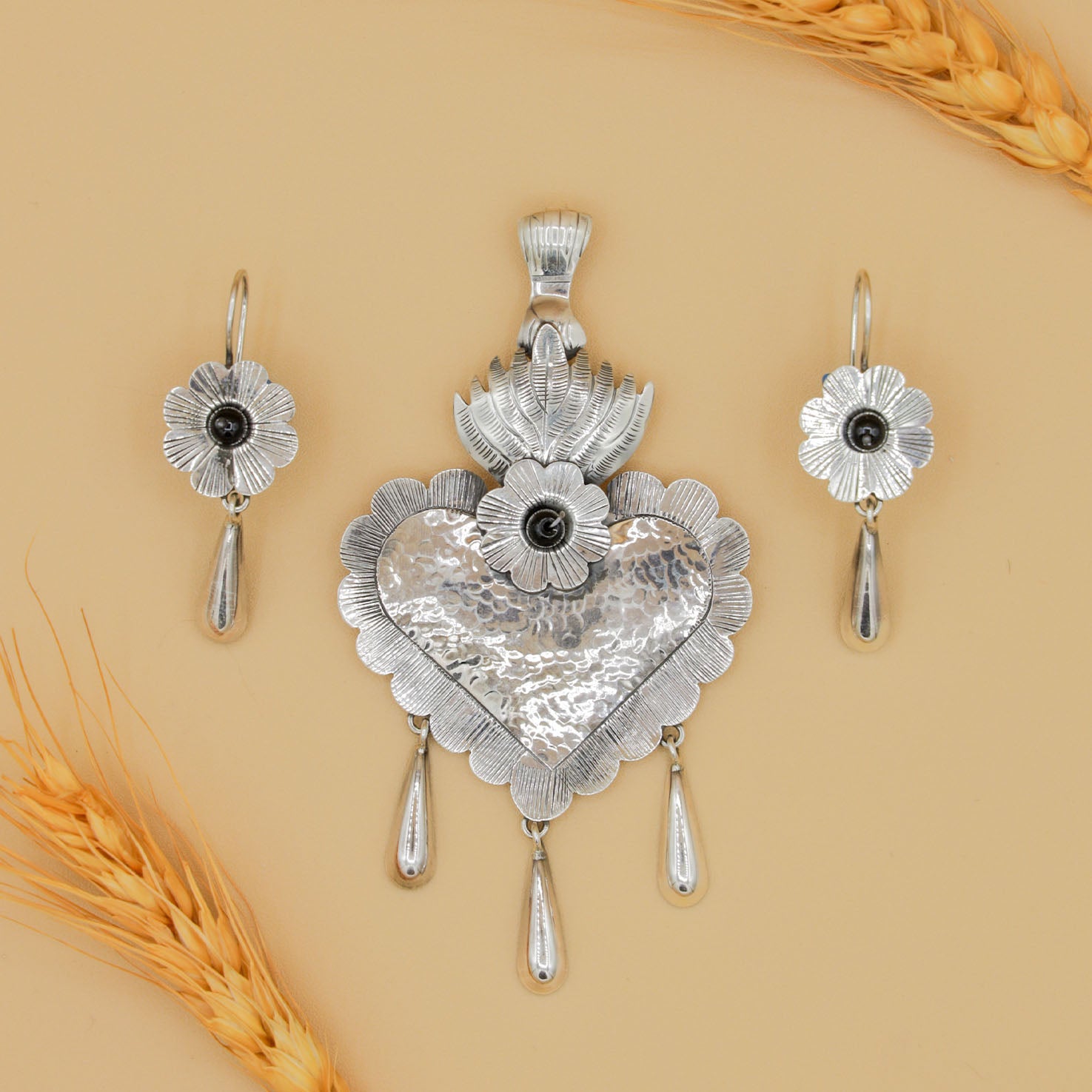 Sterling Silver Amor en Fuego Mazahua Pendant and Earrings Set
