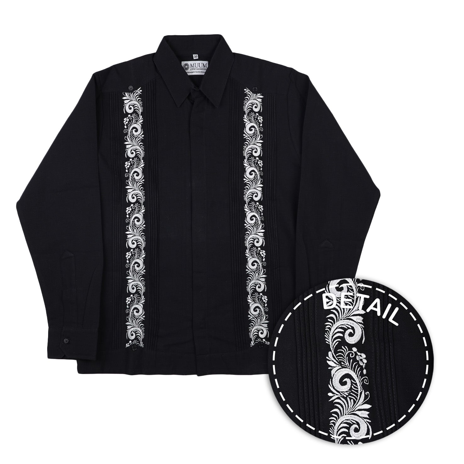 Black Feather Embroidered Guayabera