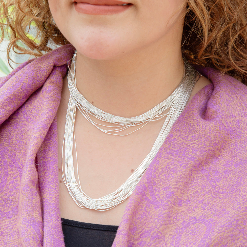 30 Strands Long Sterling Silver Liquid Silver Necklace