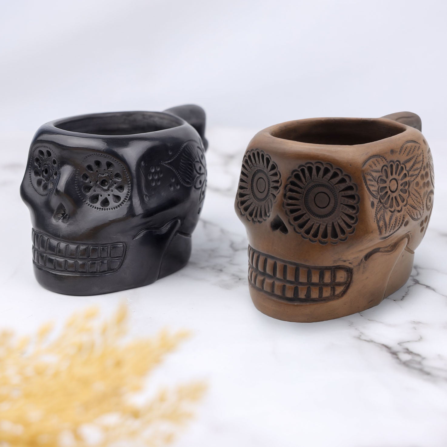 Barro Negro, Black Clay, Carved Sugar Skull Mug