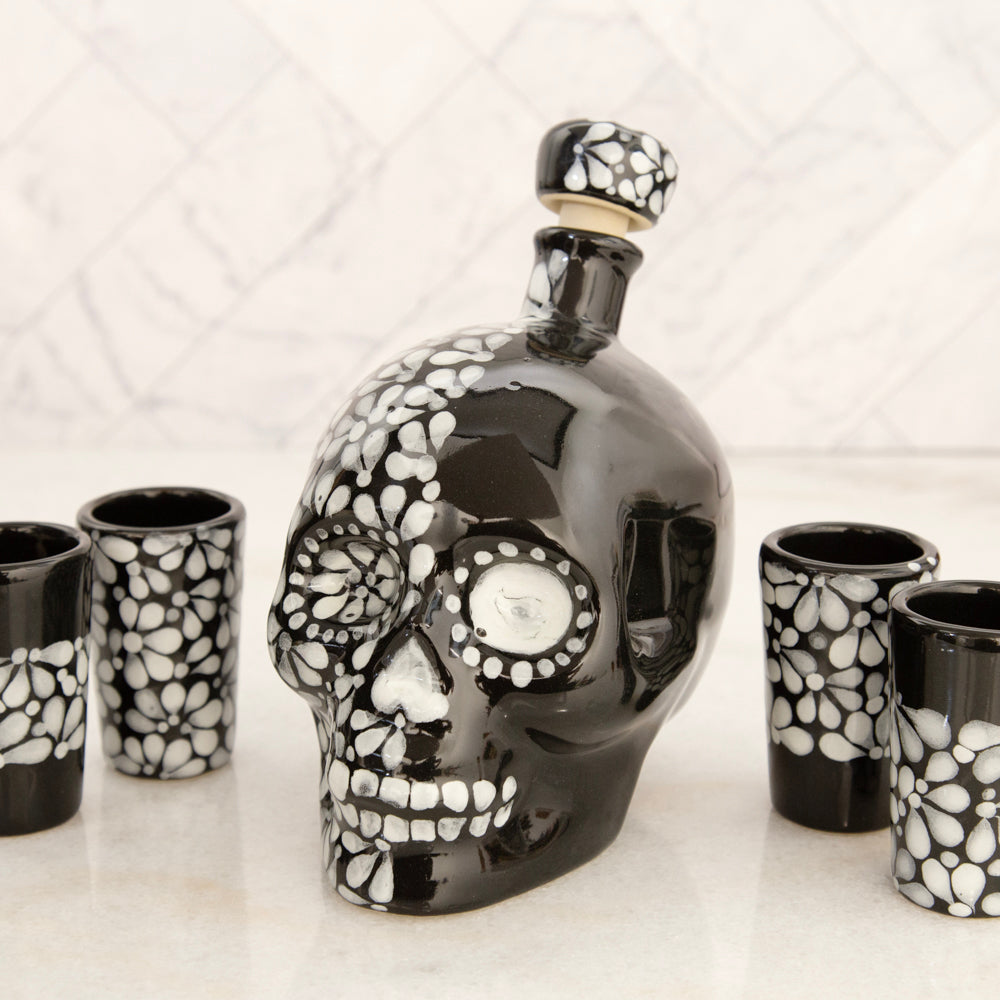 Hand Painted Sugar Skull Decanter and Shot Glasses Set