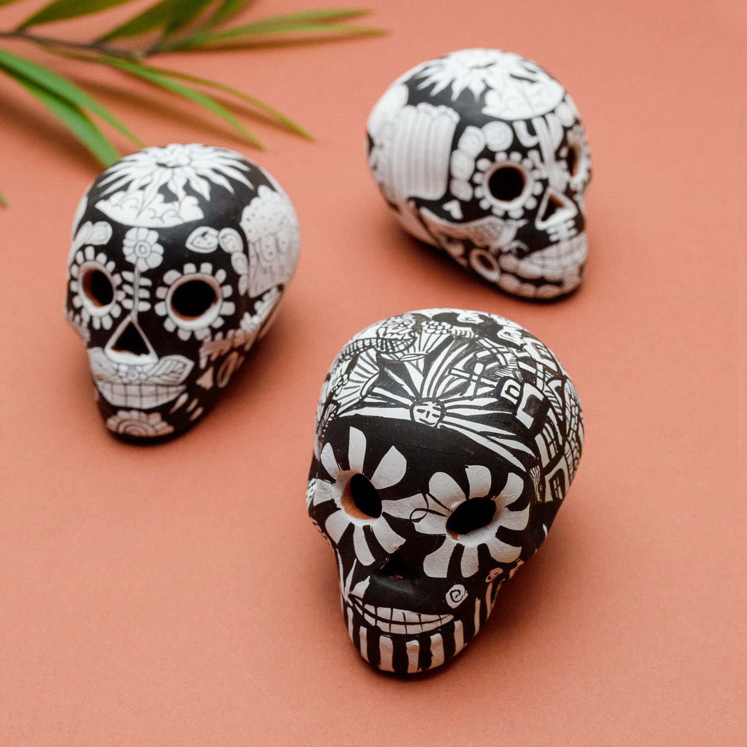 Storytelling Hand-Painted Black and White Xalitla Clay Sugar Skull