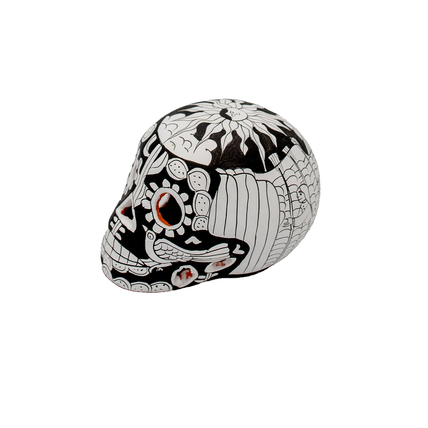 Storytelling Hand-Painted Black and White Xalitla Clay Sugar Skull