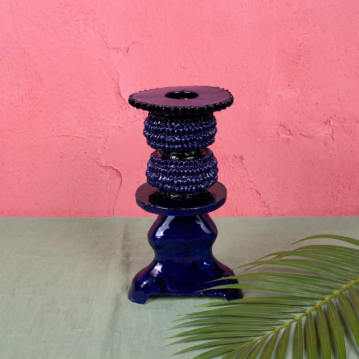 Small Blue Barro Vidriado Candle Holder