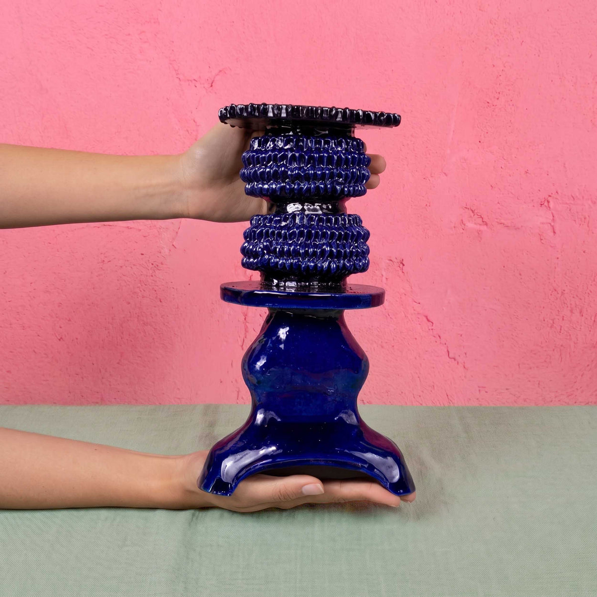 Small Blue Barro Vidriado Candle Holder