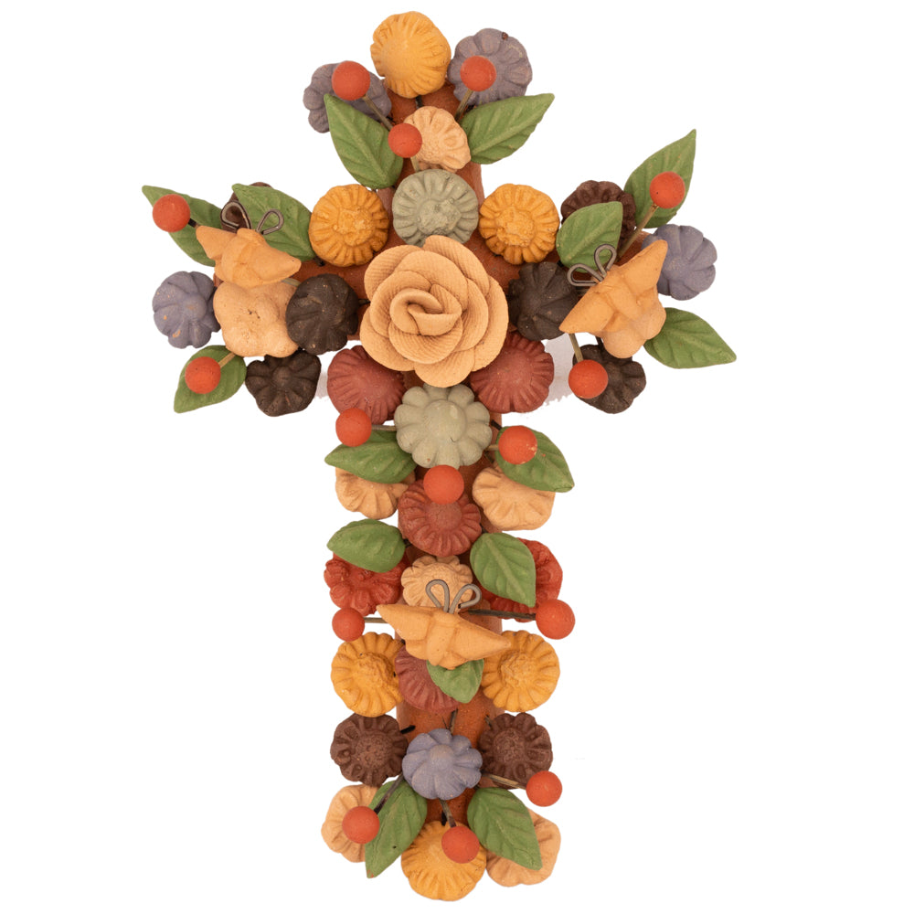 Small Floral Cross Barro Pigmentado Clay Wall Art