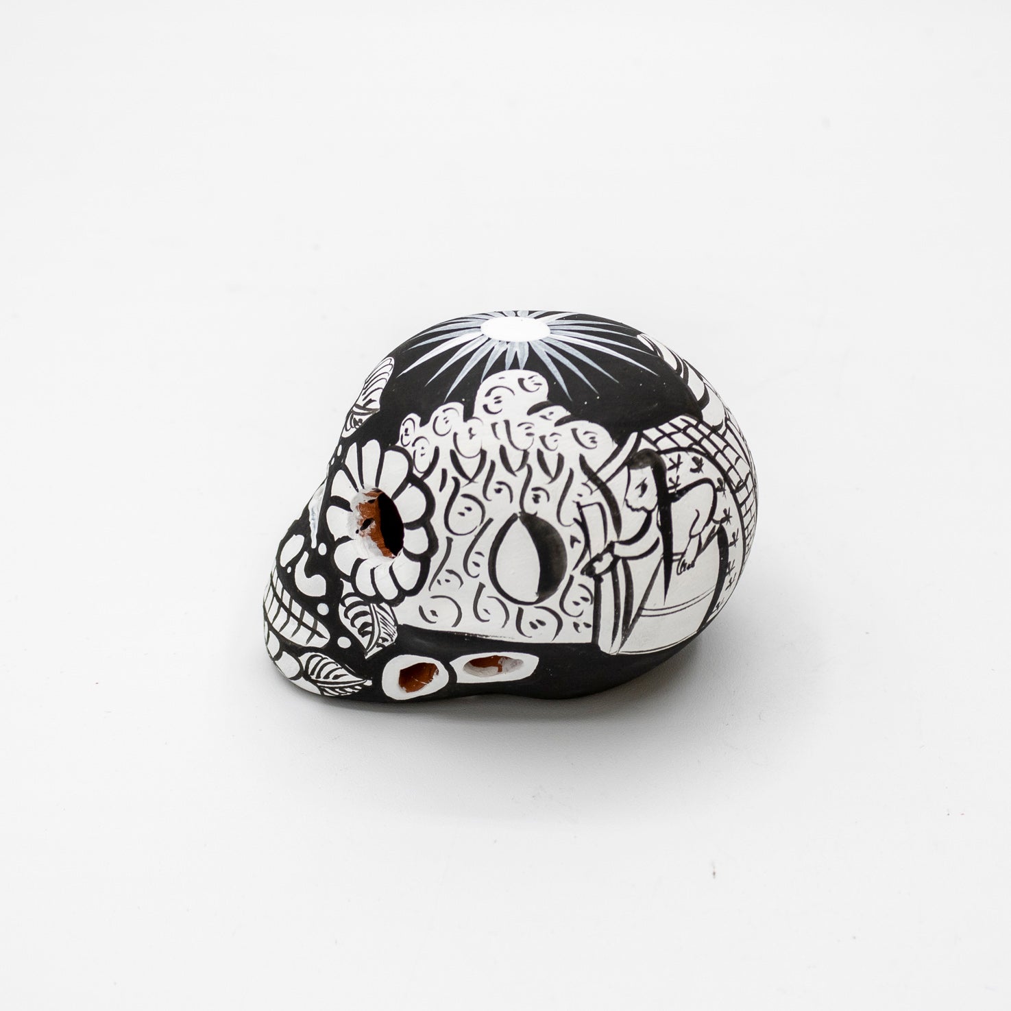 Storytelling Hand-Painted Black and White Xalitla Clay Sugar Skull