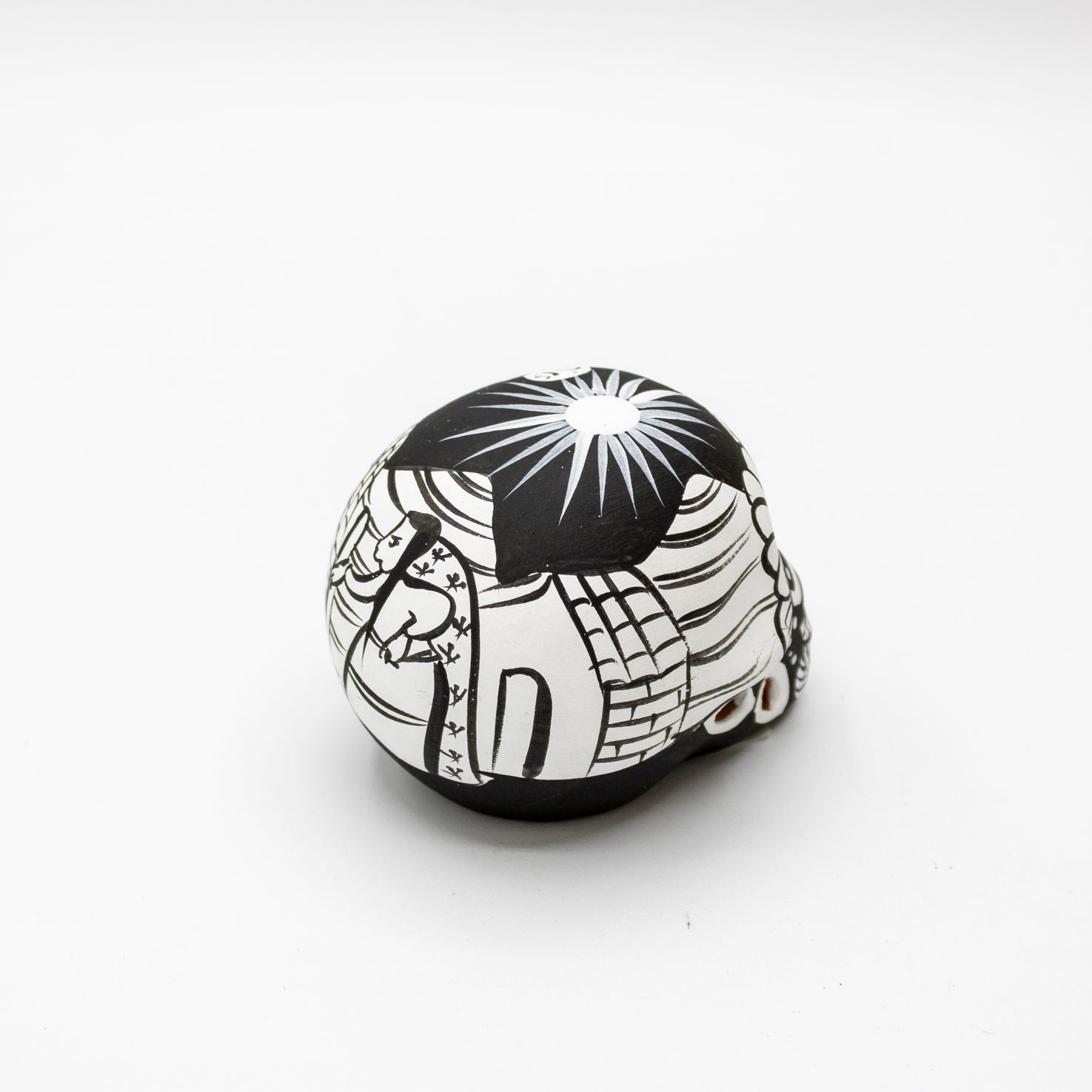 Storytelling Hand-Painted Black and White Xalitla Clay Sugar Skull