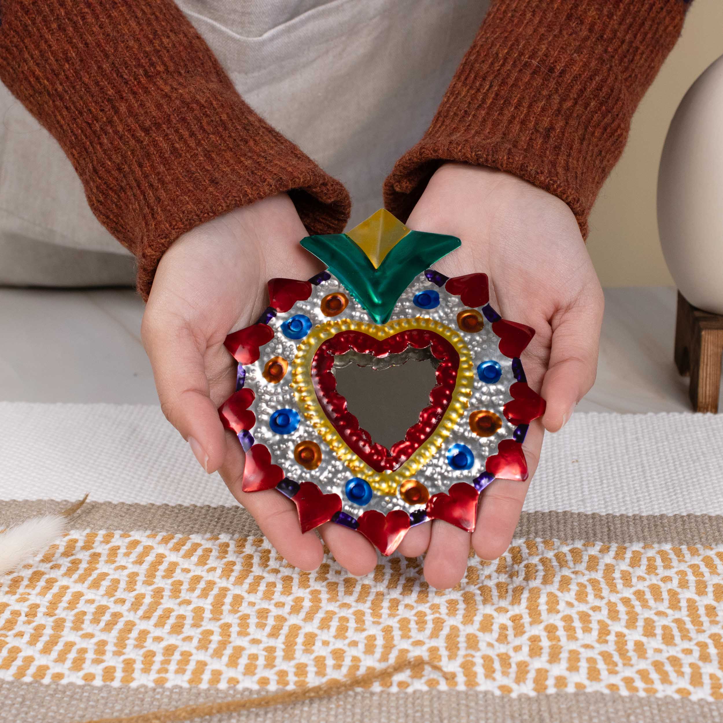 Medium Mexican Crown Milagro Tin Heart with Mirror