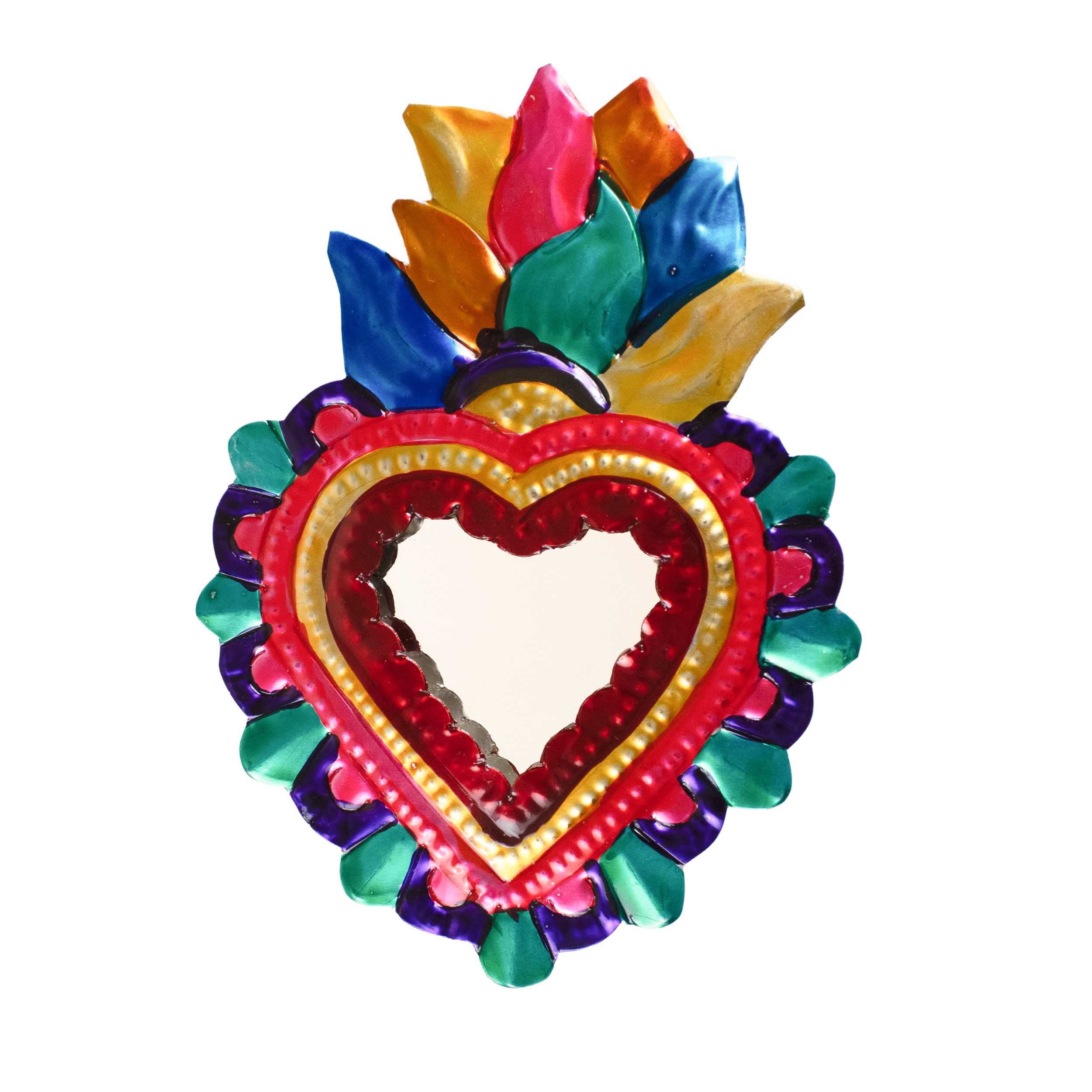 Medium Mexican Crown Milagro Tin Heart with Mirror