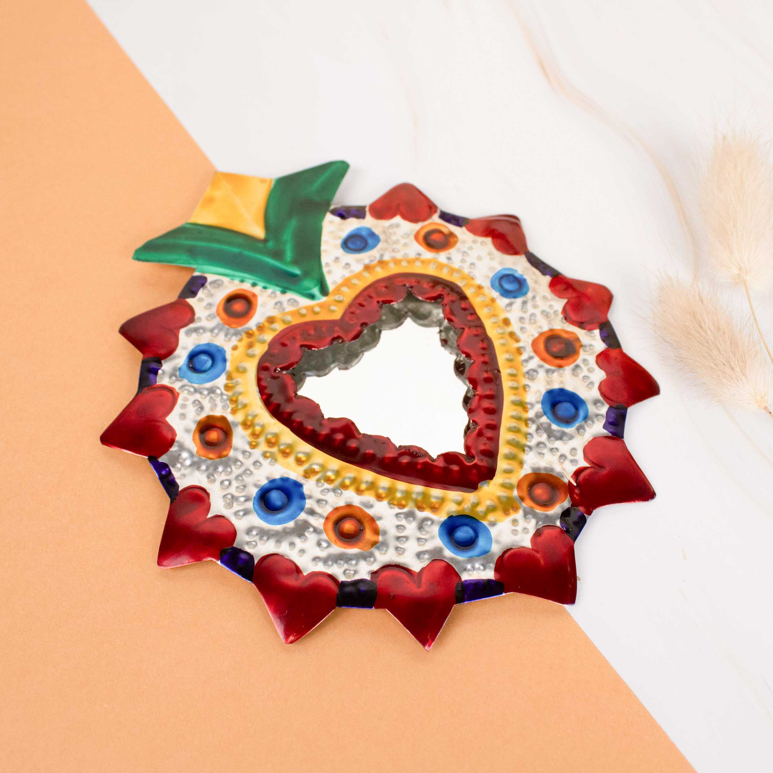 Medium Mexican Crown Milagro Tin Heart with Mirror