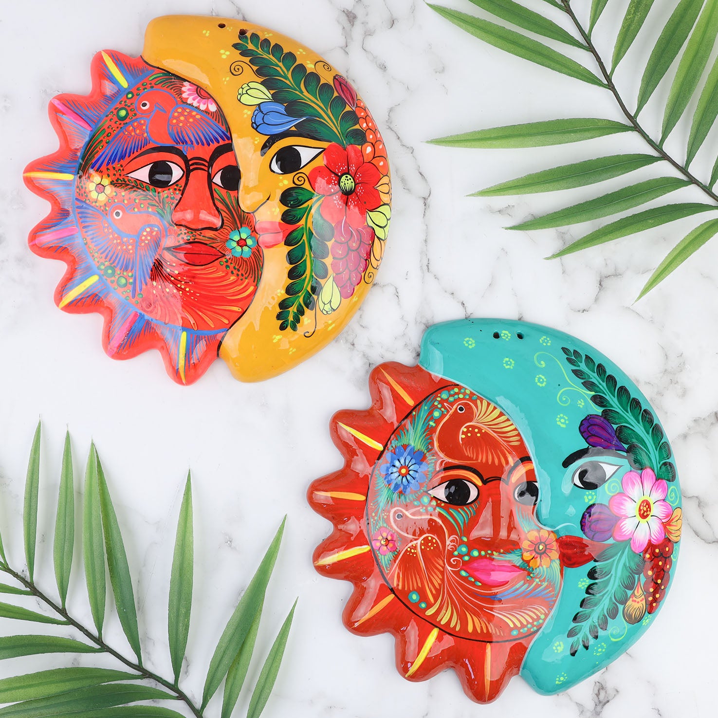 Hand-Painted Xalitla Sun and Moon Clay Wall Decor