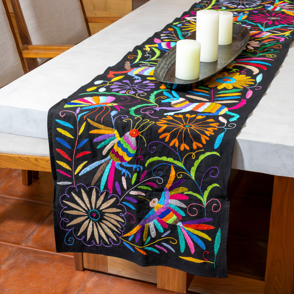 Black with Multicolor Otomí Hand-Embroidered Table Runner