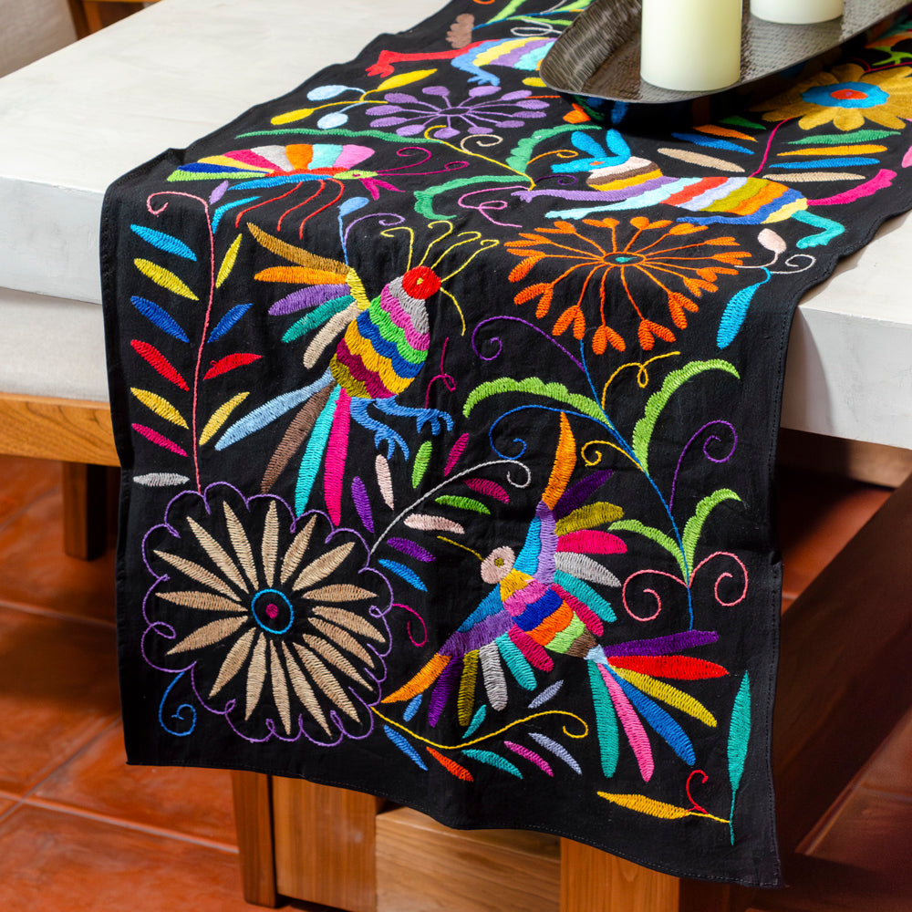 Black with Multicolor Otomí Hand-Embroidered Table Runner
