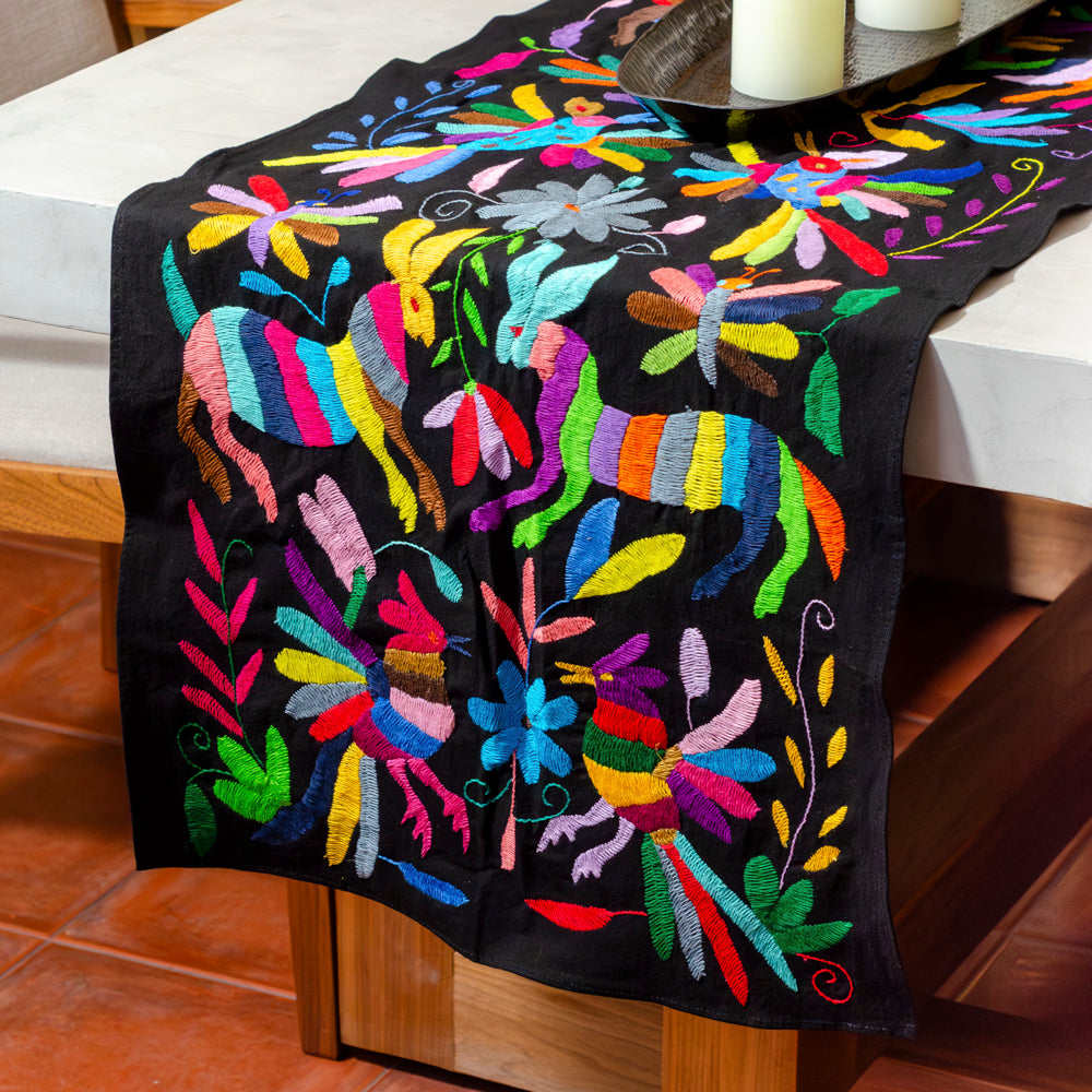 Black with Multicolor Otomí Hand-Embroidered Table Runner