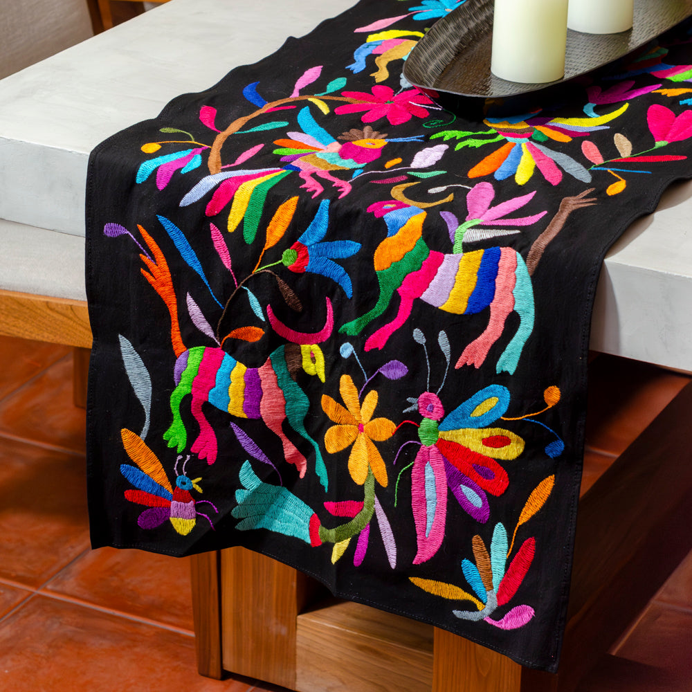 Black with Multicolor Otomí Hand-Embroidered Table Runner