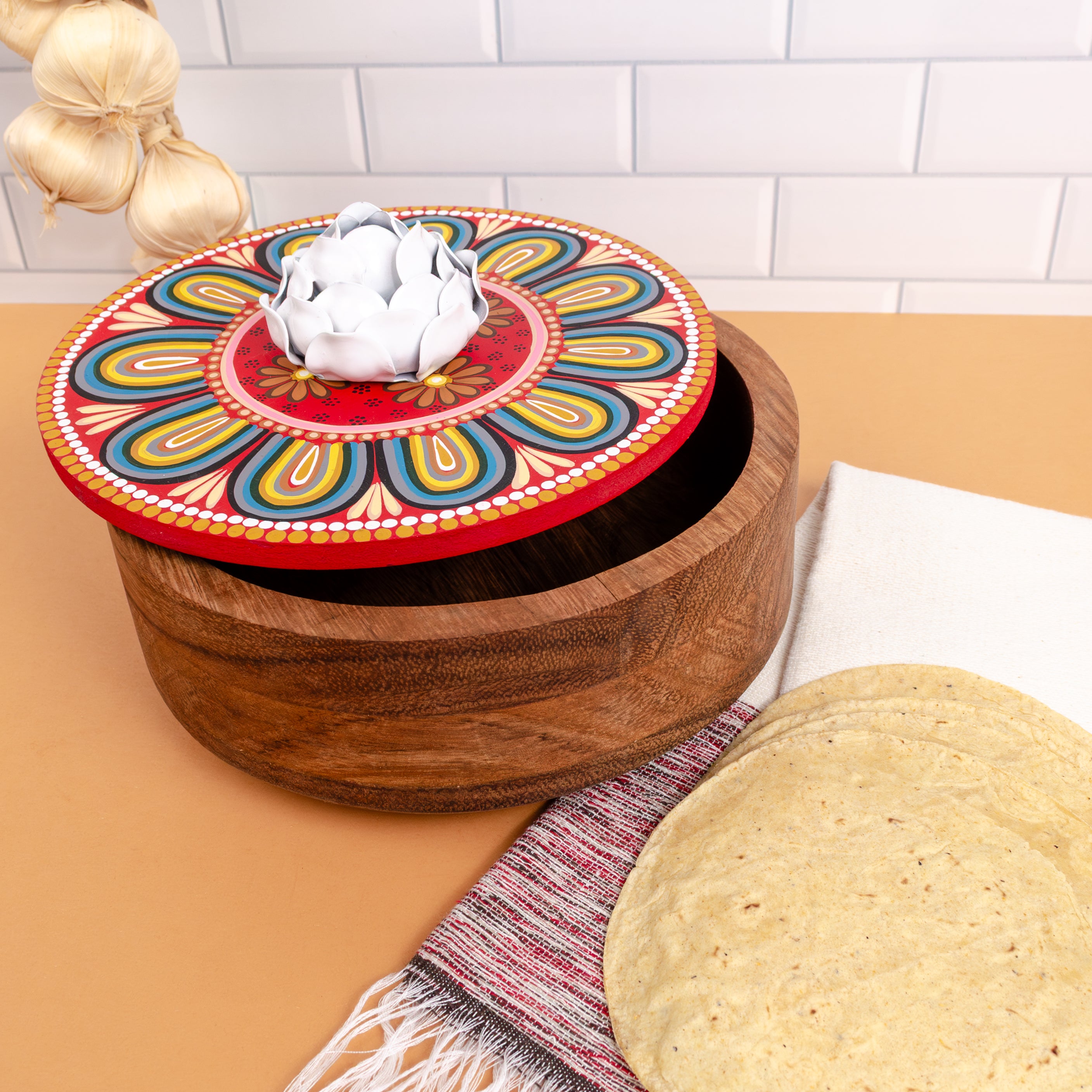 Hand-painted Parota Solid Wood Kitchen Tortillero/Basket