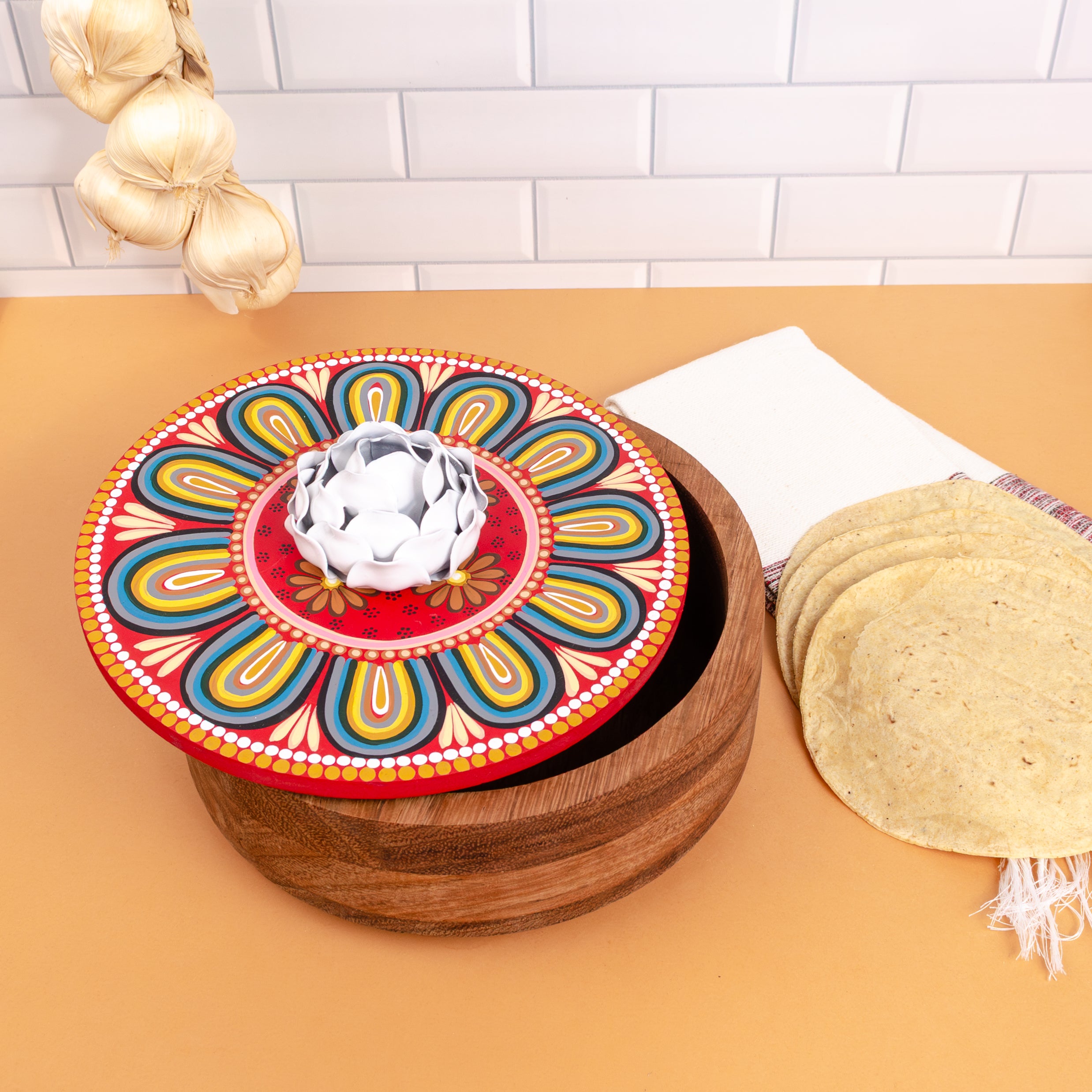 Hand-painted Parota Solid Wood Kitchen Tortillero/Basket