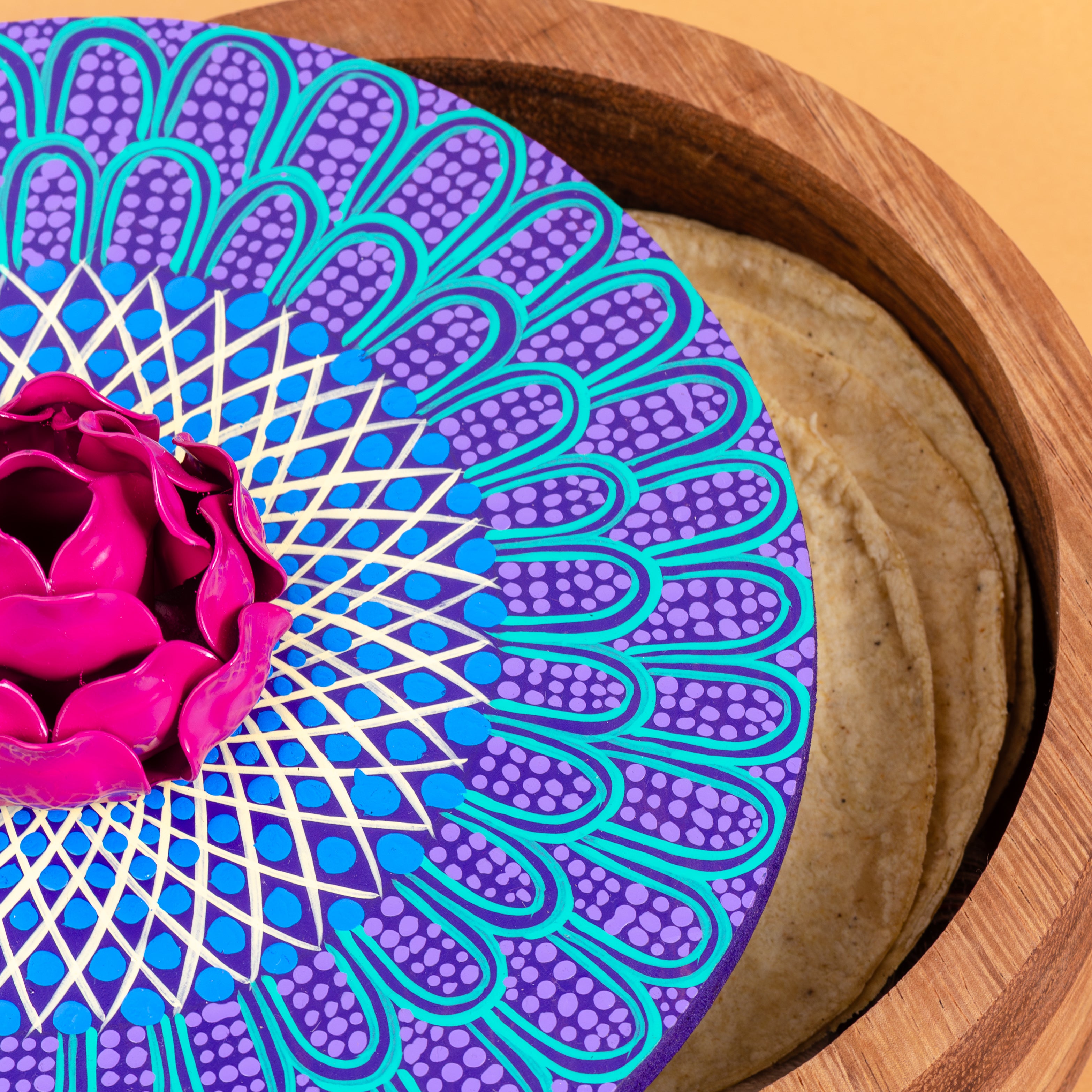 Hand-painted Parota Solid Wood Kitchen Tortillero/Basket