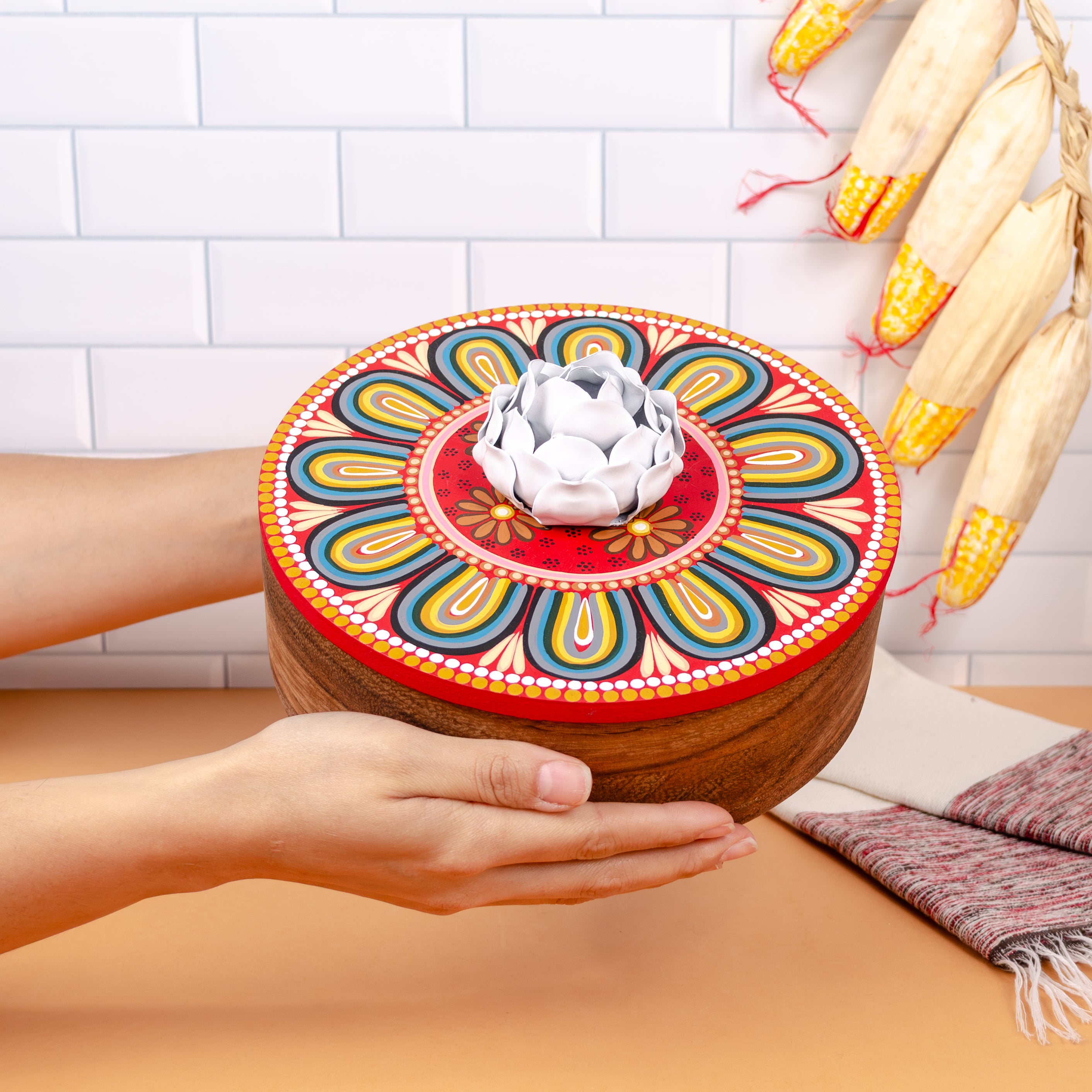 Hand-painted Parota Solid Wood Kitchen Tortillero/Basket