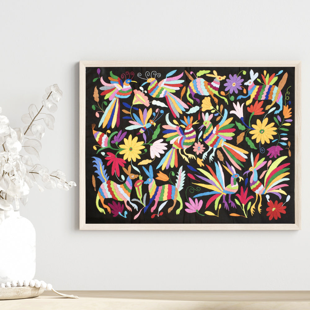 Black Otomí Hand-Embroidered Tapestry