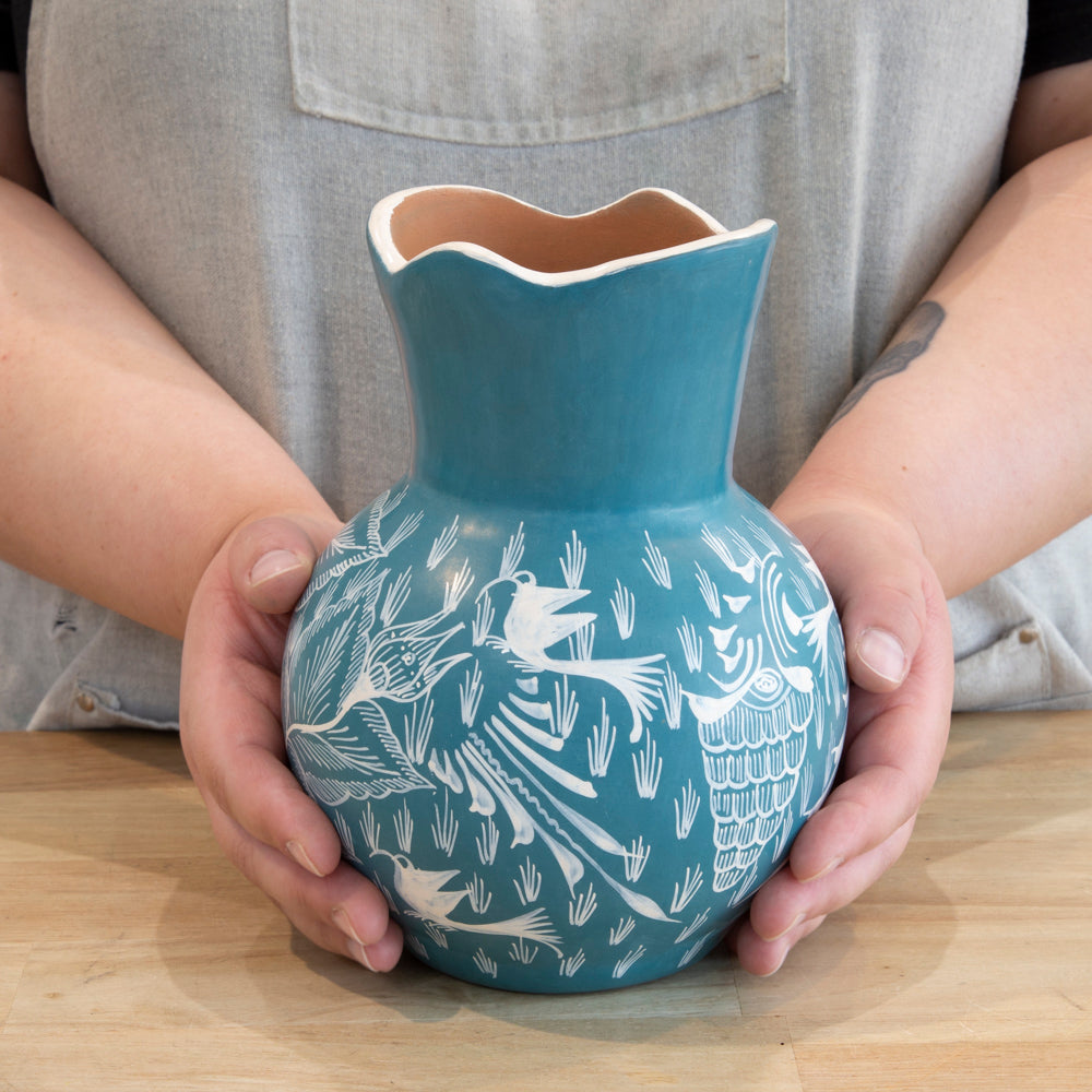 Huancito Scalloped-Top Teal Short Vase