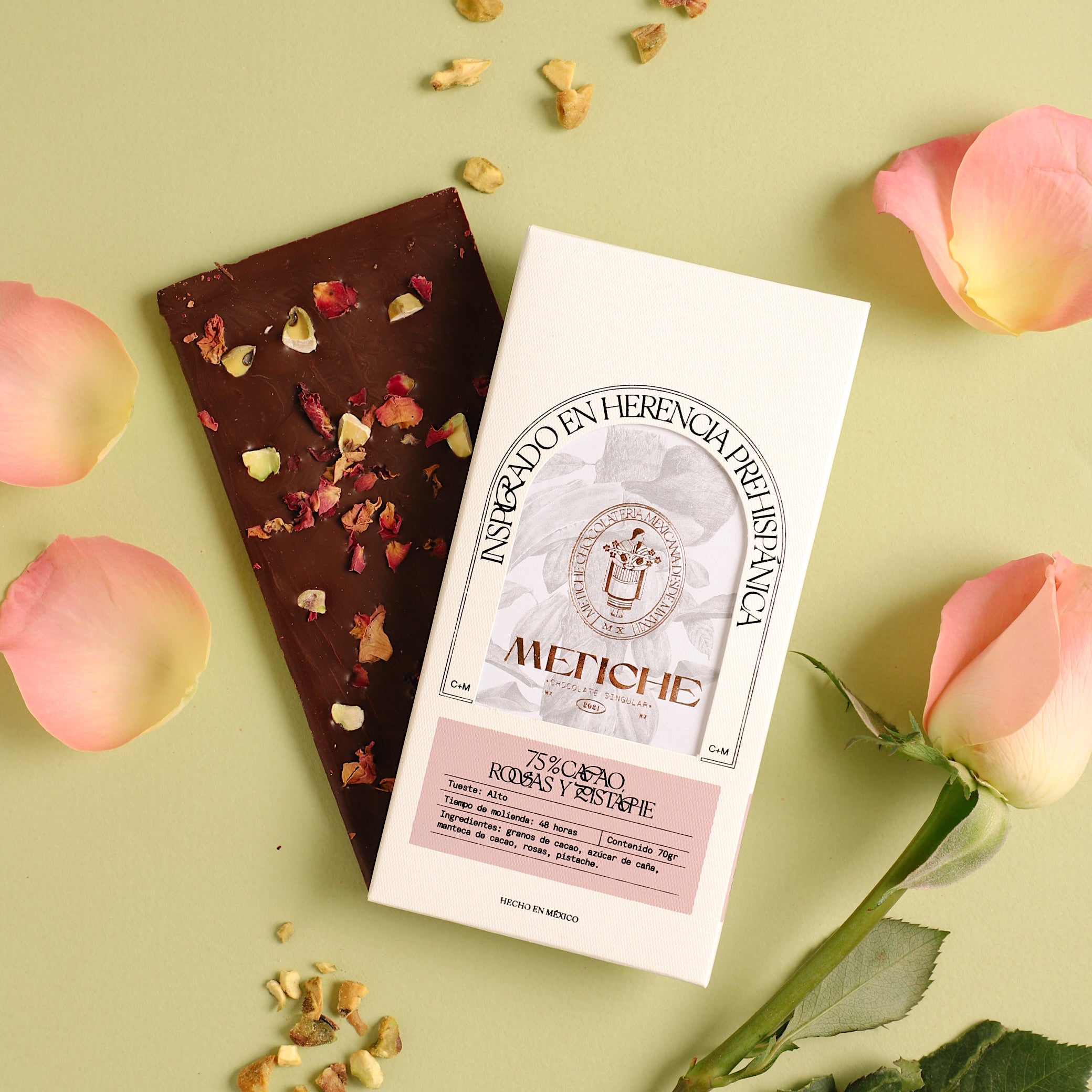 Dark Mexican Chocolate Bar, 75% Cacao, Rose Petals, and Pistachio