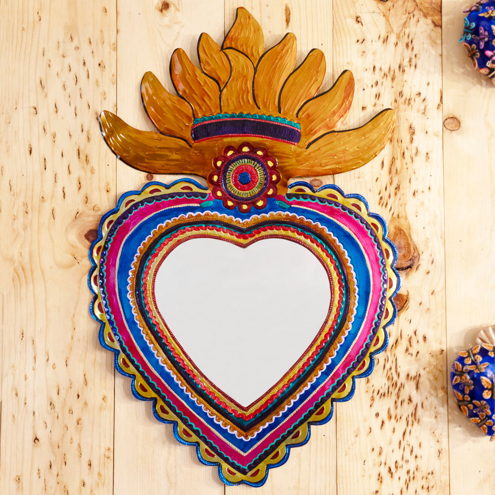 Flower Sacred Heart Milagro Mirror Tin Art Wall Decor
