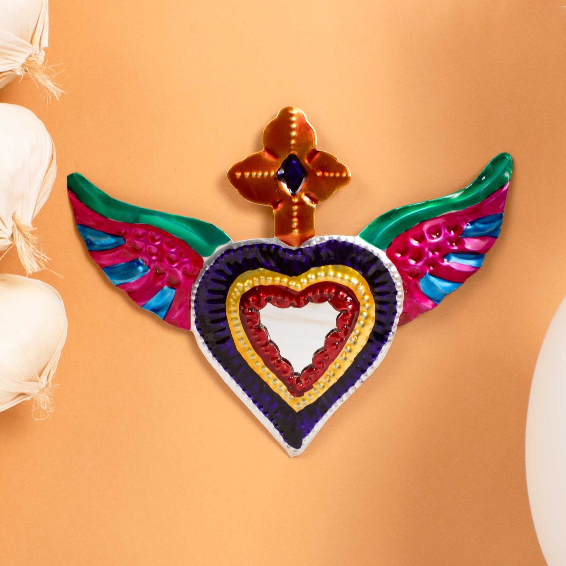 Medium Mexican Winged Milagro Tin Heart with Mirror