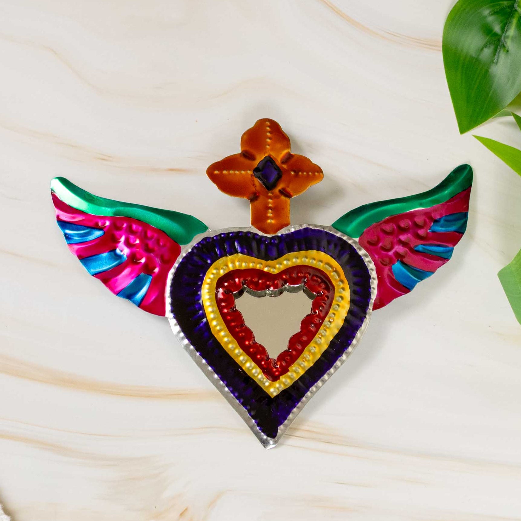 Medium Mexican Winged Milagro Tin Heart with Mirror