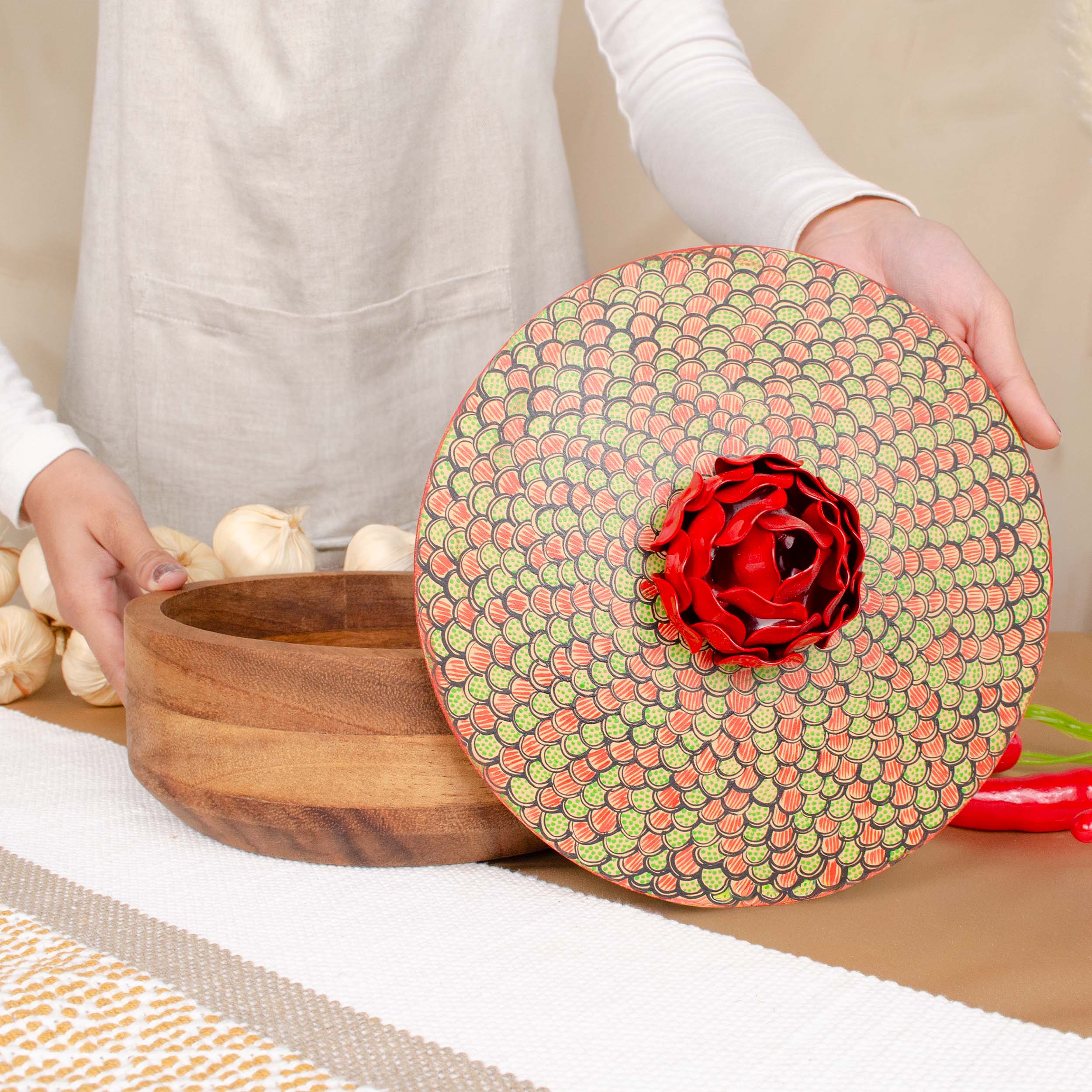 Hand-painted Parota Solid Wood Kitchen Tortillero/Basket