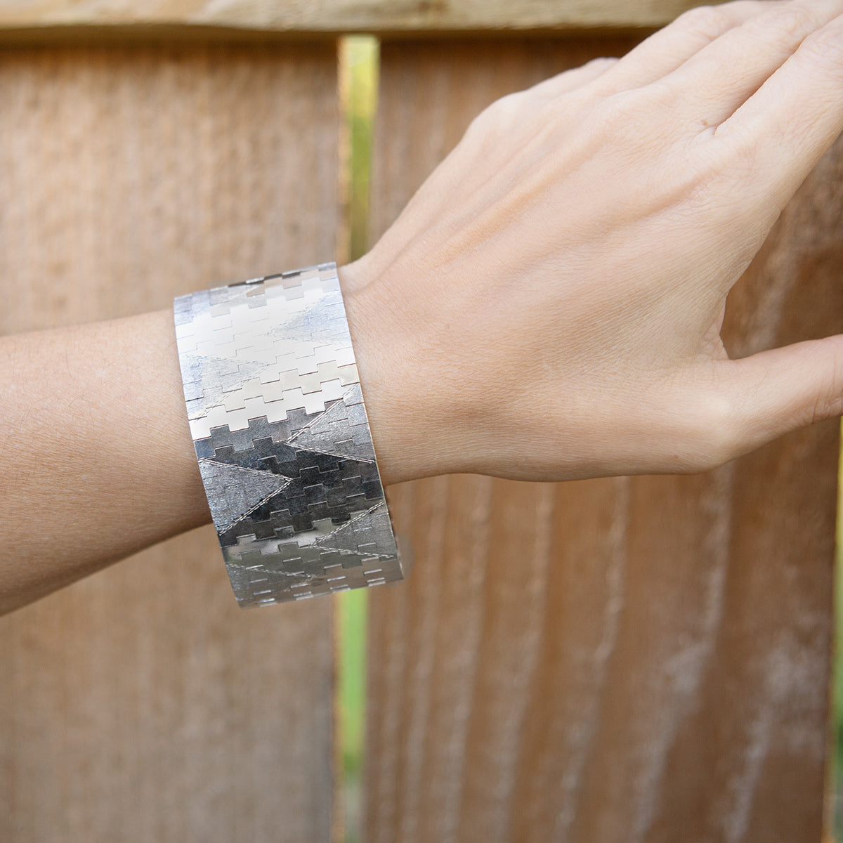 Vintage Sterling Silver Wide Bracelet with Zig Zag Design and Diamond Cut Finish