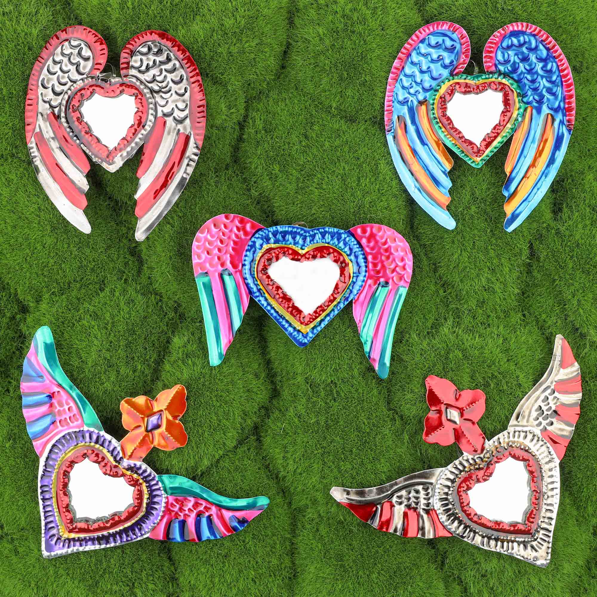 Medium Mexican Winged Milagro Tin Heart with Mirror