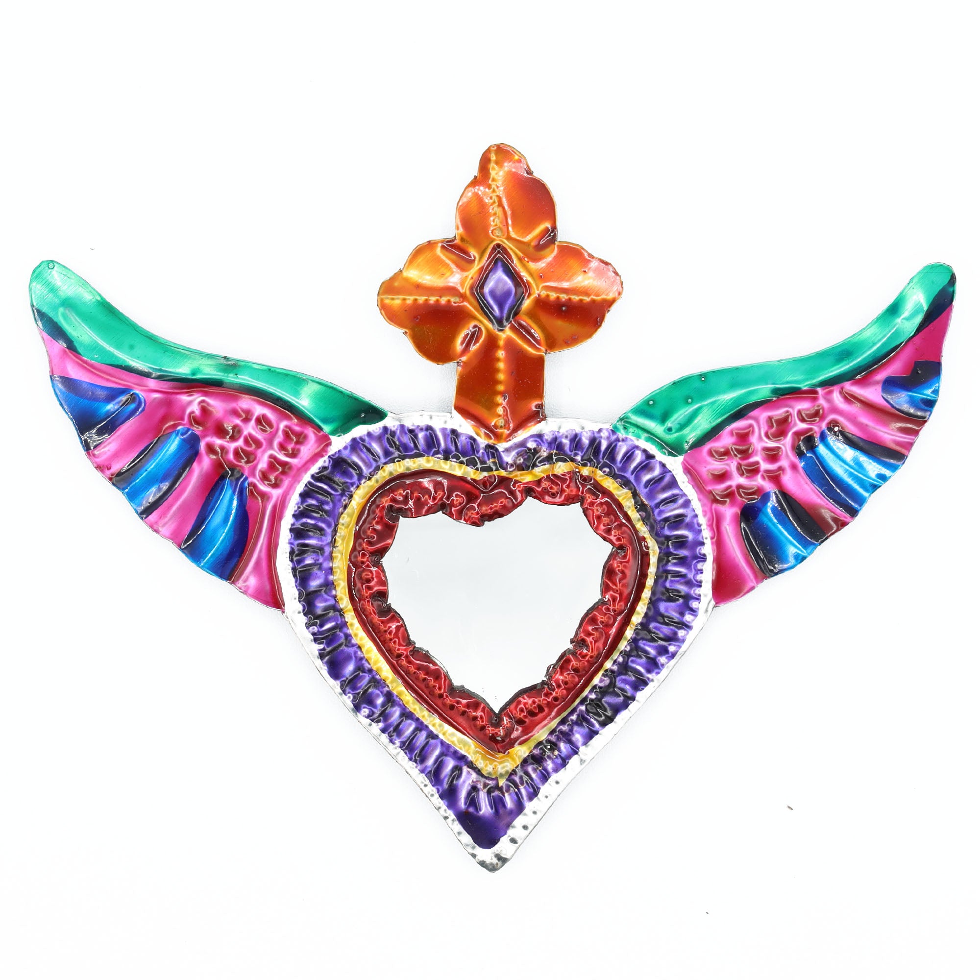 Medium Mexican Winged Milagro Tin Heart with Mirror