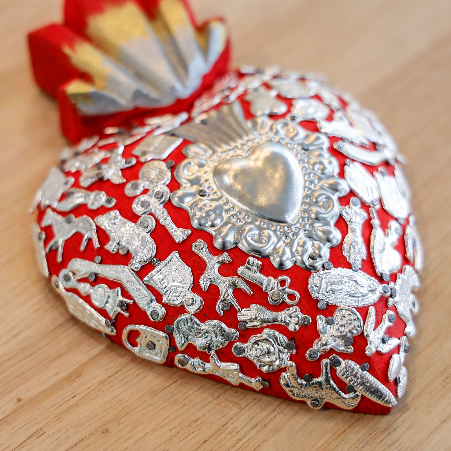 Sagrado Corazón- Large Wooden Heart with Milagritos