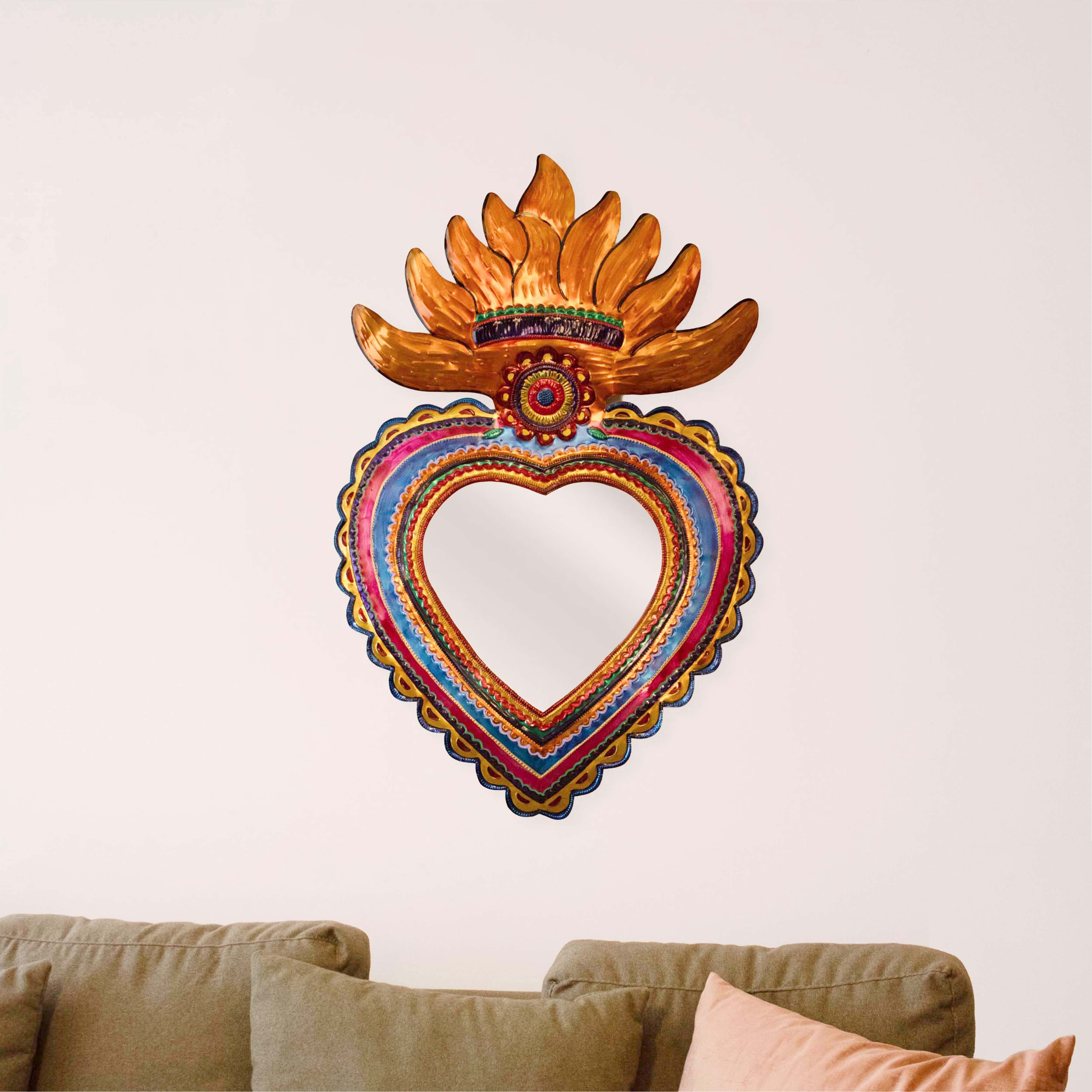 Flower Sacred Heart Milagro Mirror Tin Art Wall Decor