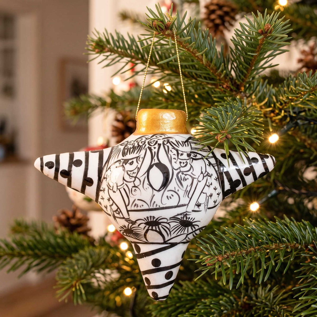 Xalitla Black and White Story-Telling Piñata Christmas Clay Ornament