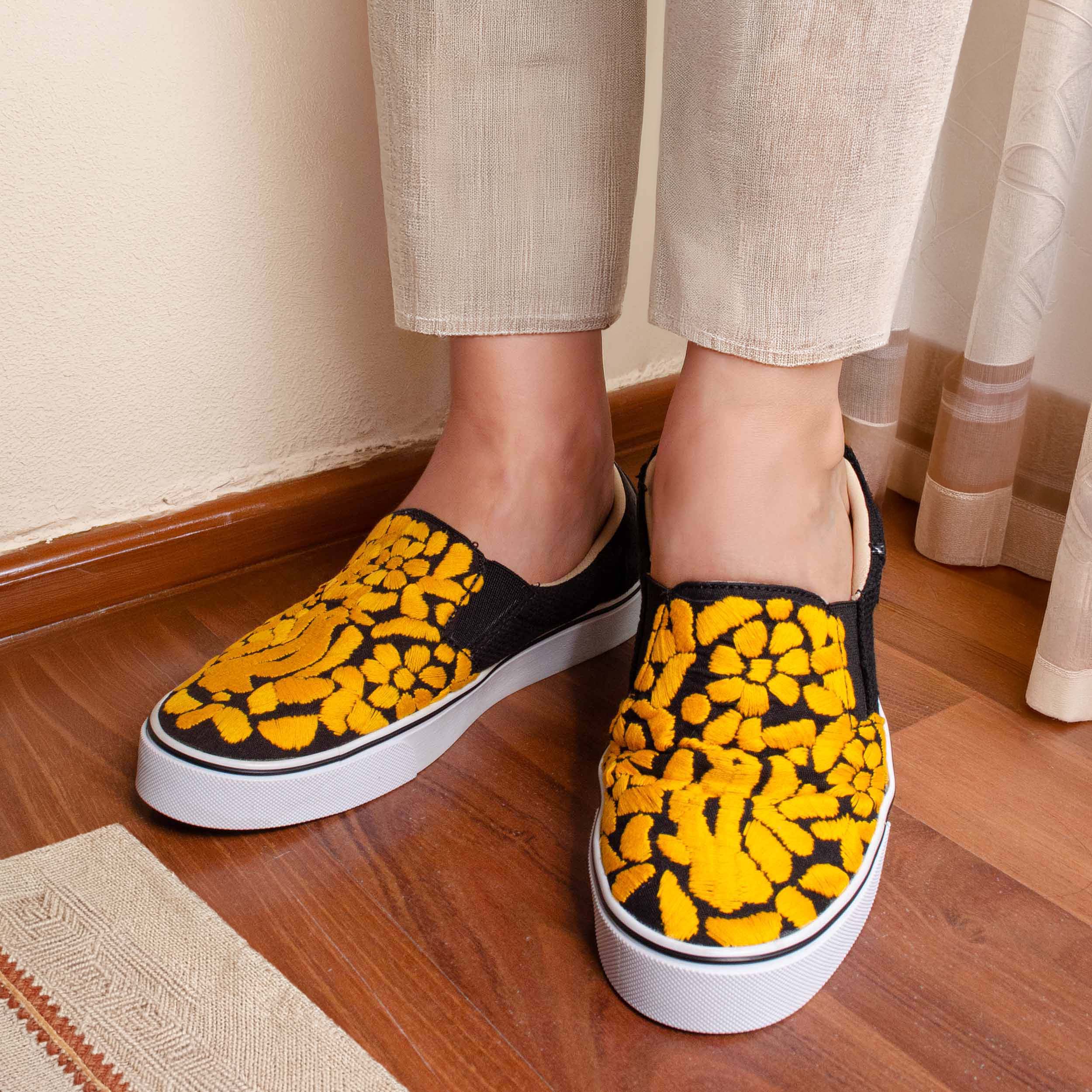 Black with Yellow Jalapa Embroidered Sneakers