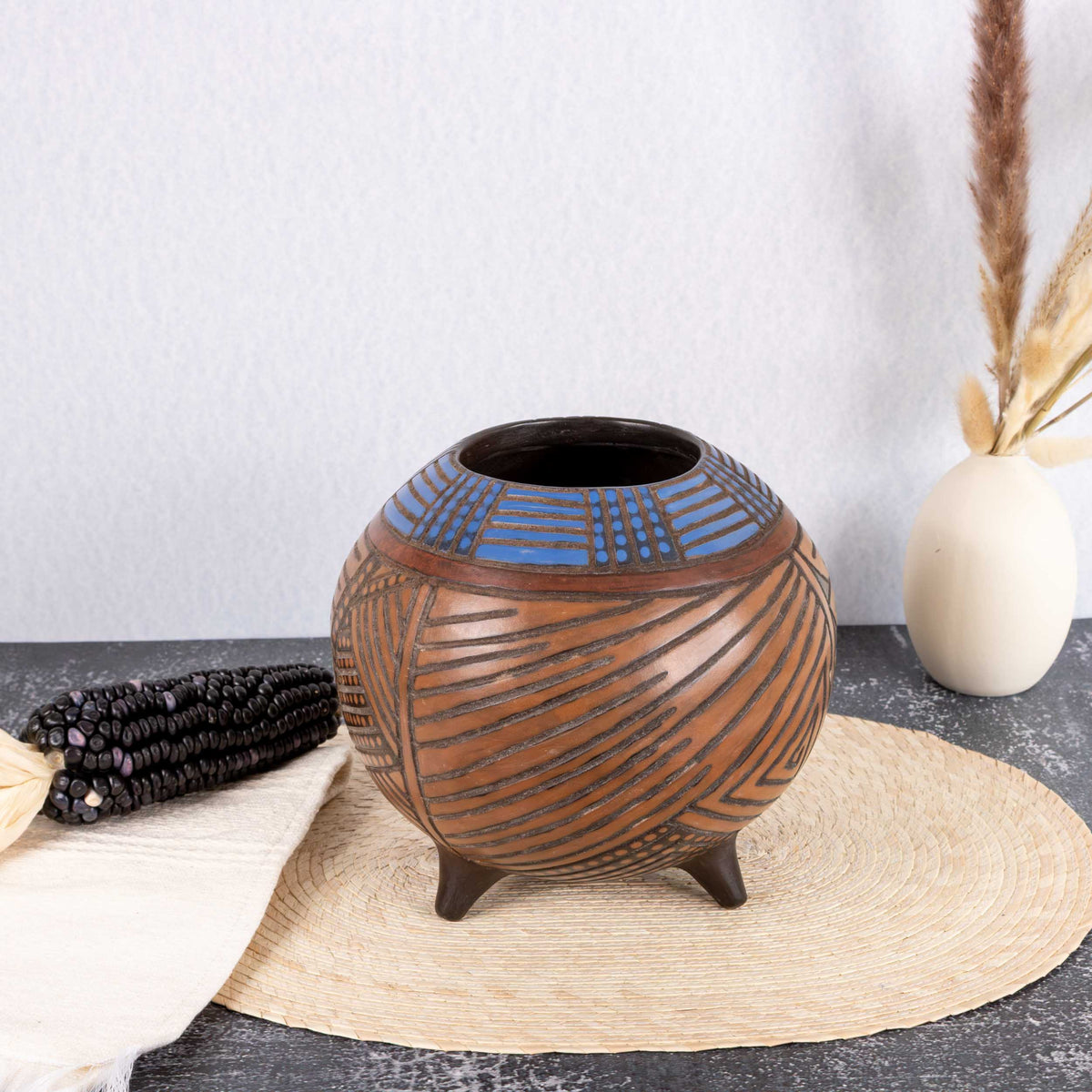 Zinapécuaro Hand-Carved Geometric Ceramic Sphere Tripod