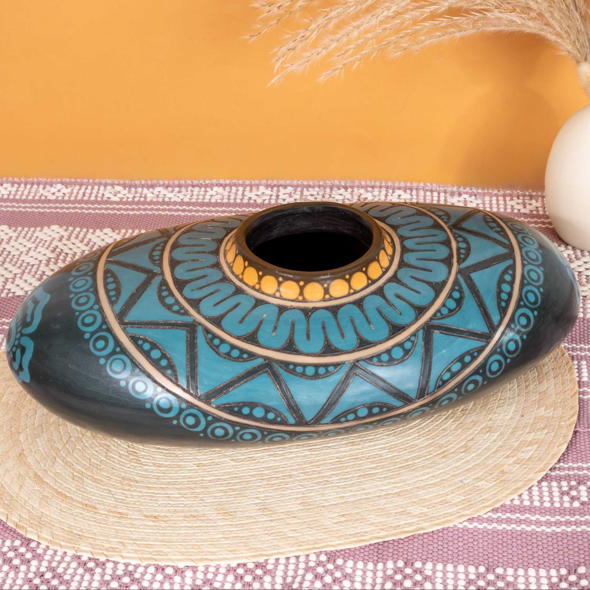 Zinapécuaro Teal Hand-Carved Ceramic Vessel
