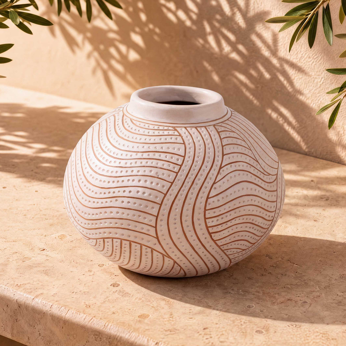 Zinapécuaro Hand-Carved White Ceramic Sphere Vase