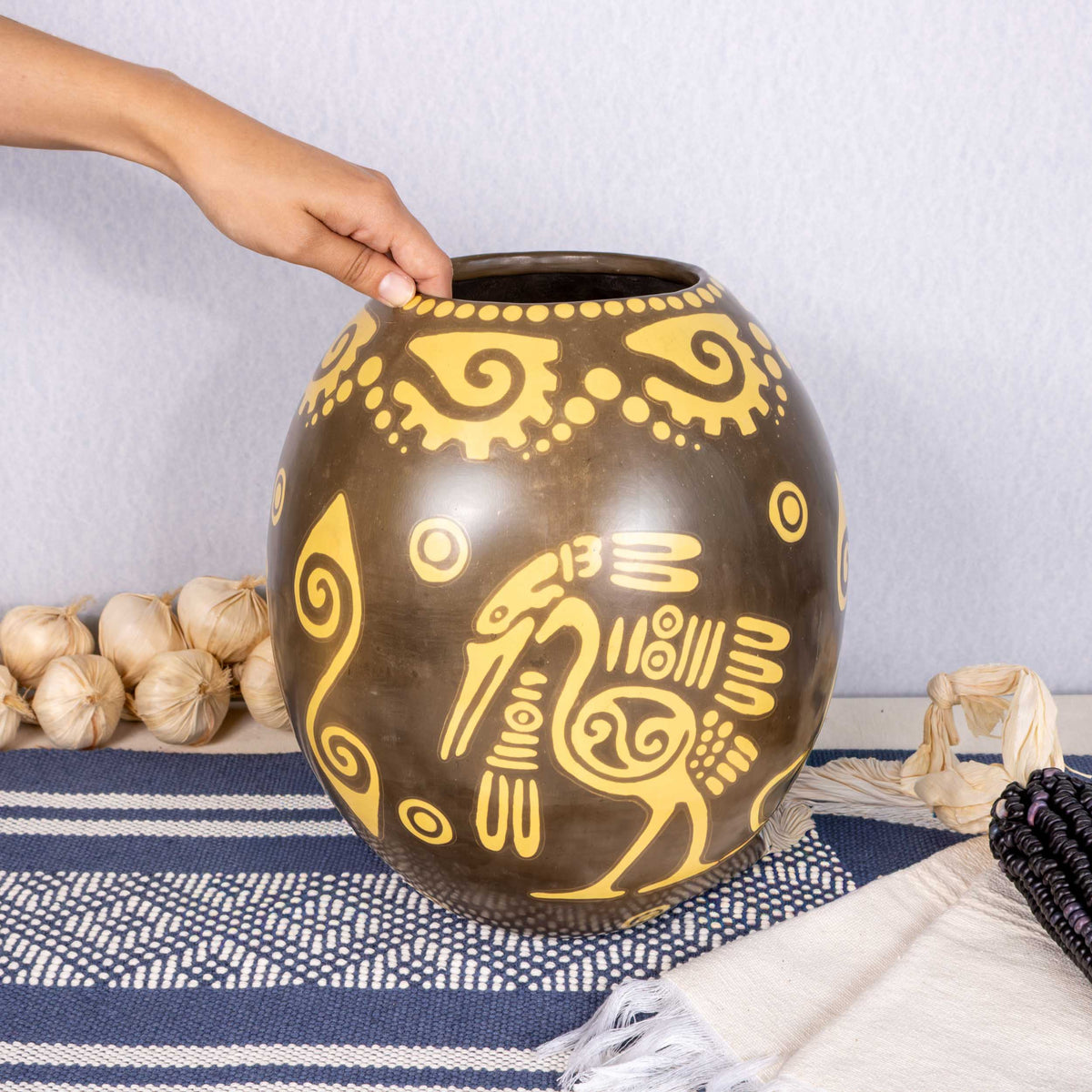 Zinapécuaro Large Oval Ceramic Vase with Yellow Petroglyphs